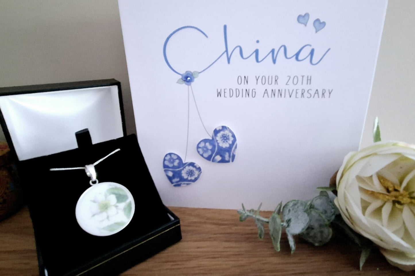 20th Anniversary Broken China Round Silver Strawberry Flower Pendant