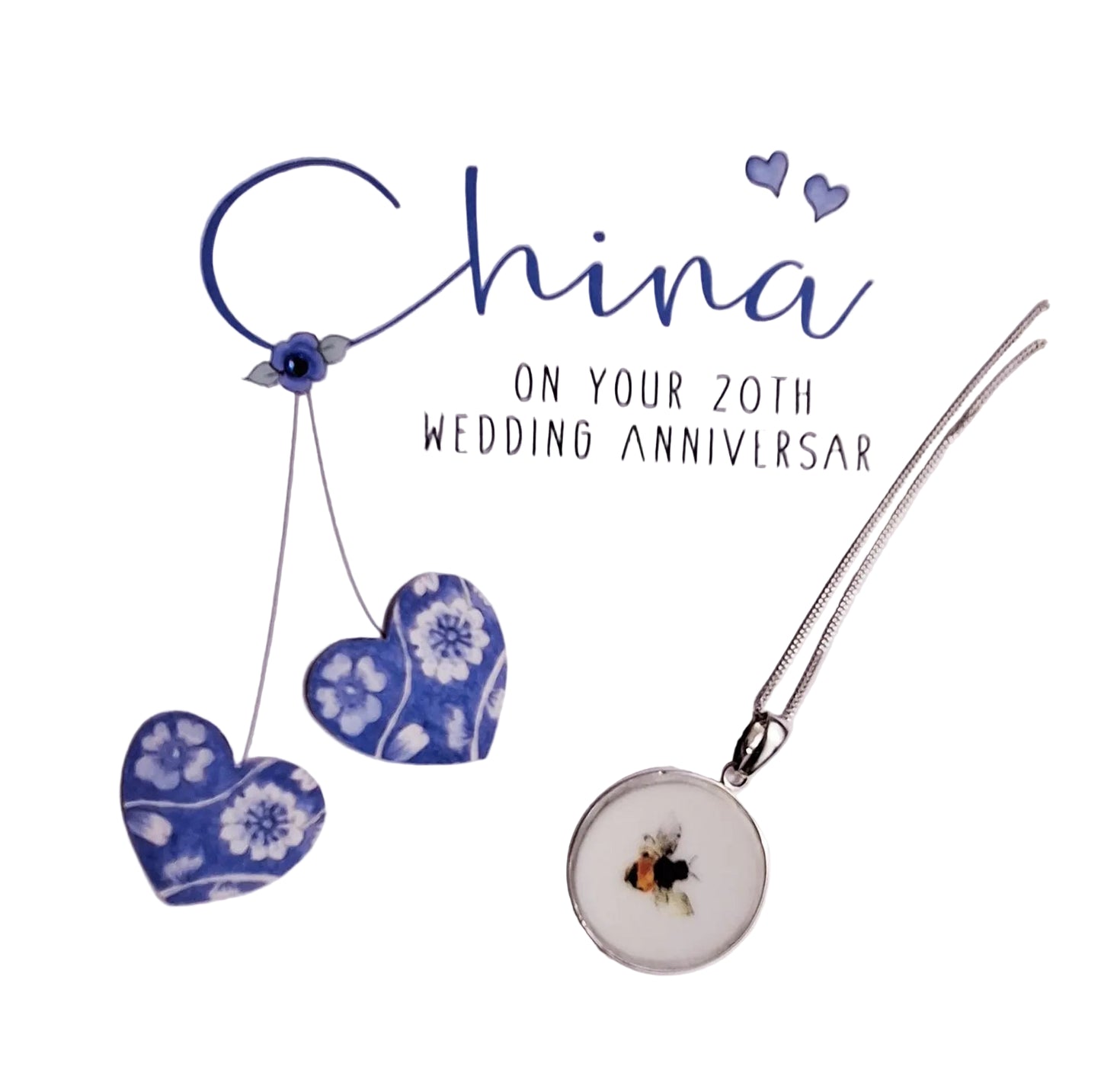 20th Anniversary Gift Broken China Round Silver Bee Pendant