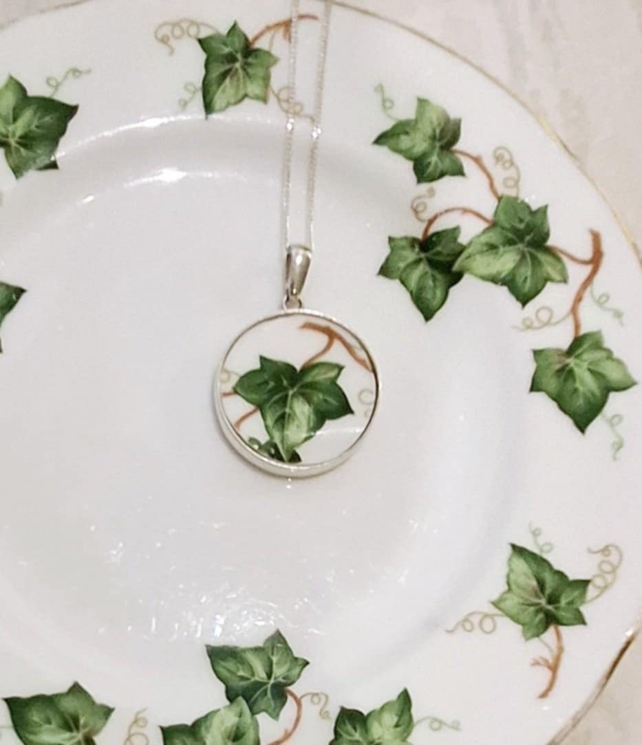 20th Anniversary Gift Broken China Ivy Leaf Oval Pendant