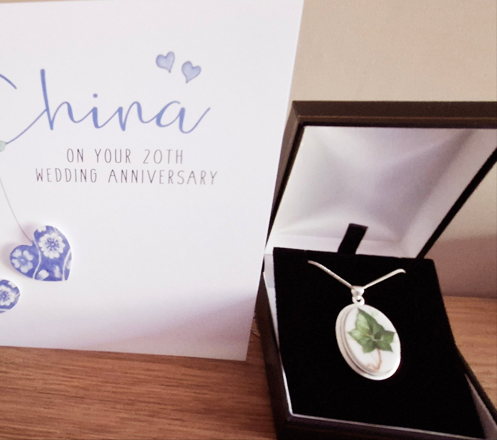 20th Anniversary Gift Broken China Ivy Leaf Oval Pendant