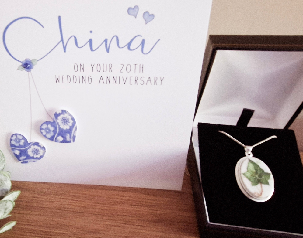 20th Anniversary Gift Broken China Ivy Leaf Oval Pendant