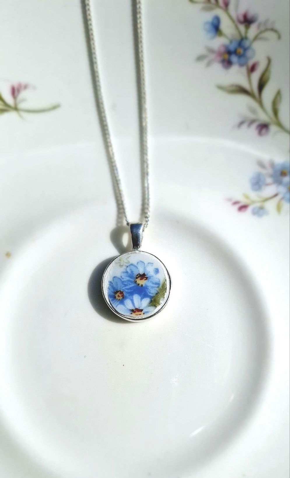 20th Anniversary Gift Broken China Forget-Me-Not Round Pendant