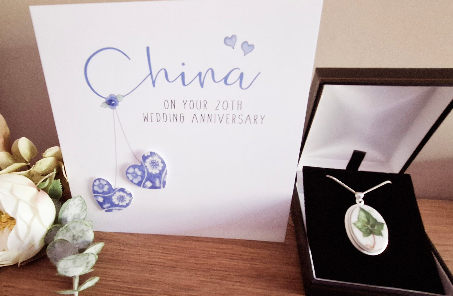 20th Anniversary Gift Broken China Ivy Leaf Oval Pendant