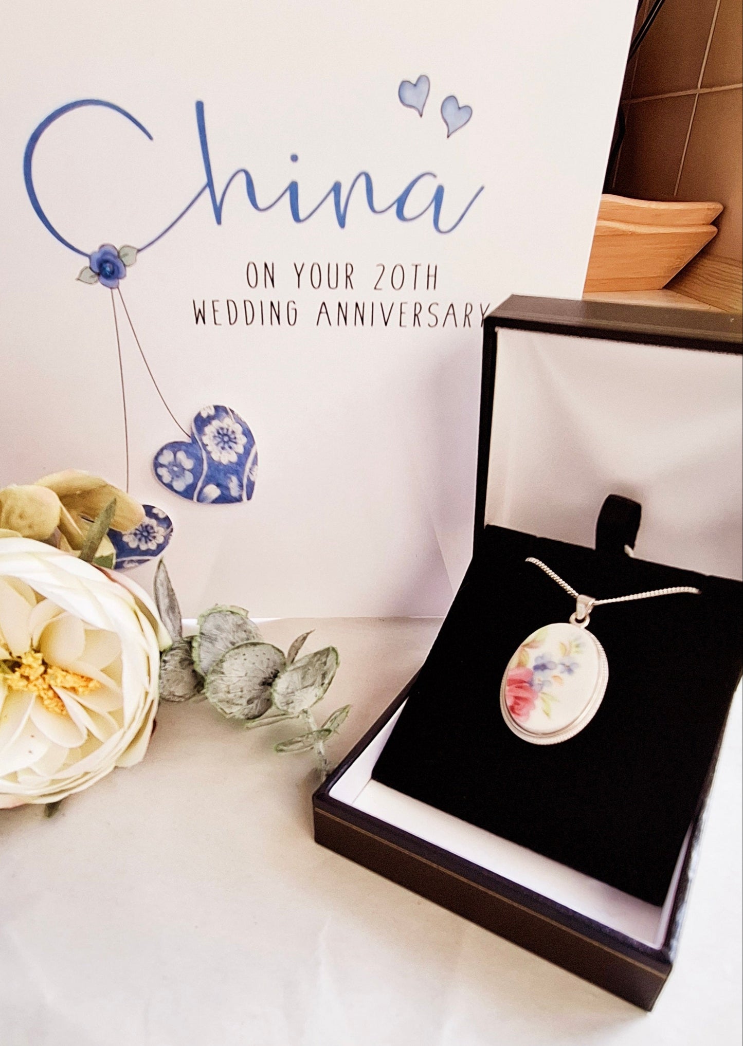 20th Anniversary Gift Broken China Rose & Forget-Me-Not Pendant