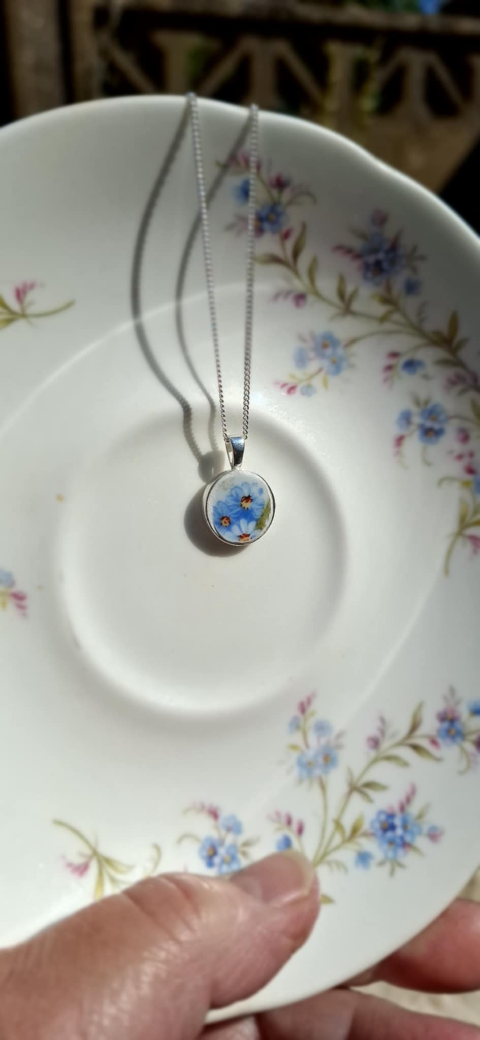 Broken China Forget-Me-Not Round Pendant