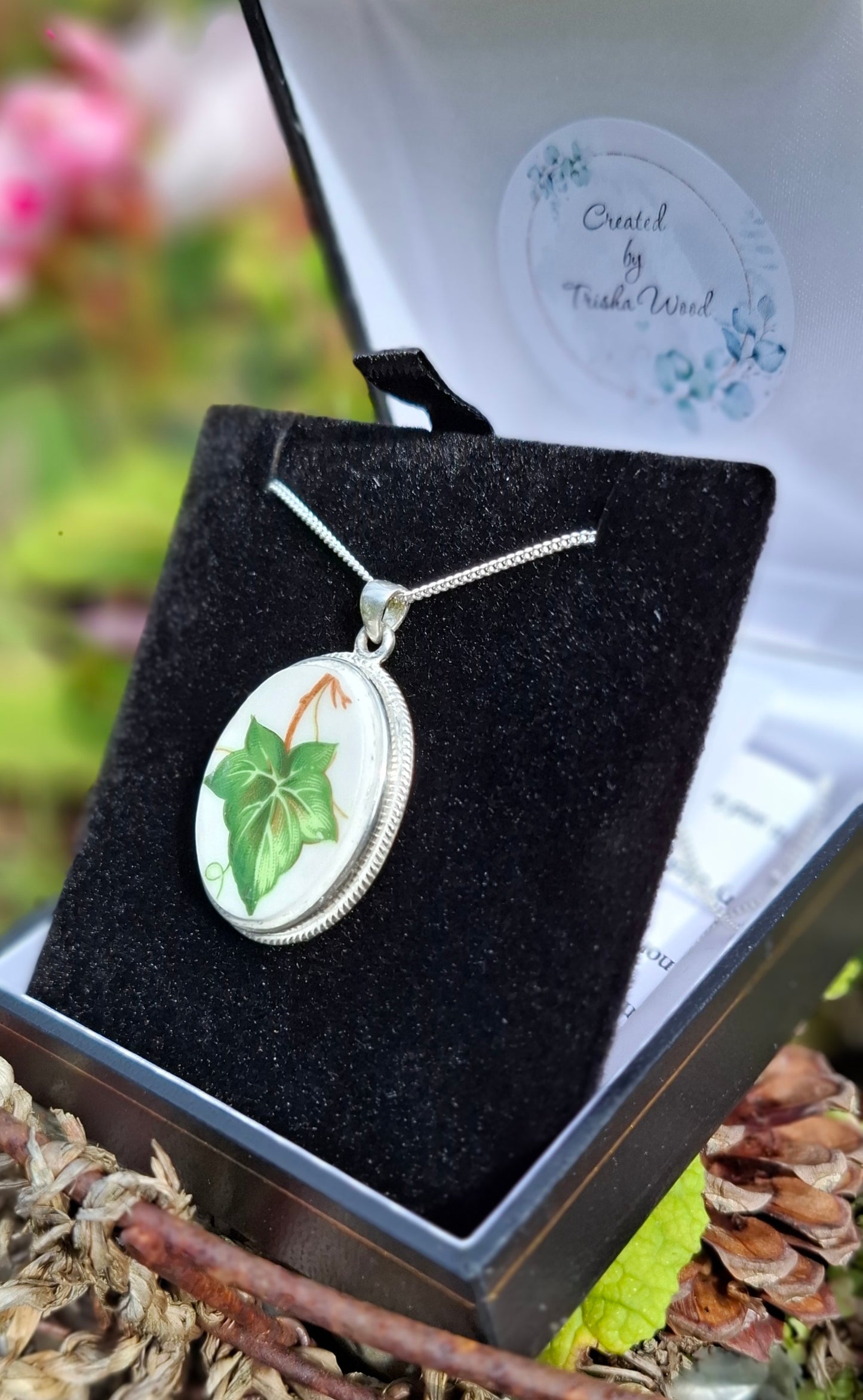 20th Anniversary Gift Broken China Ivy Leaf Oval Pendant