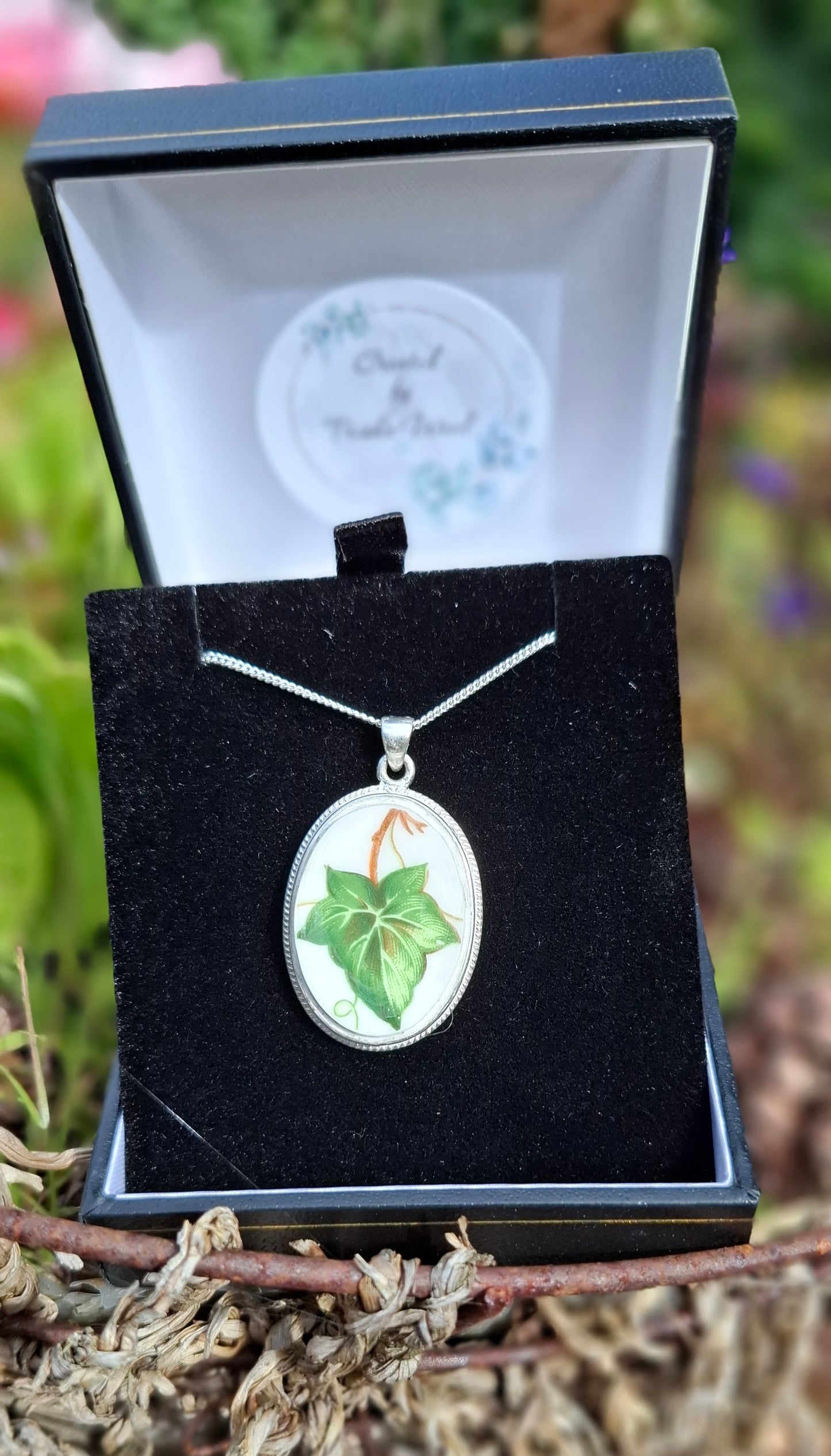 20th Anniversary Gift Broken China Ivy Leaf Oval Pendant