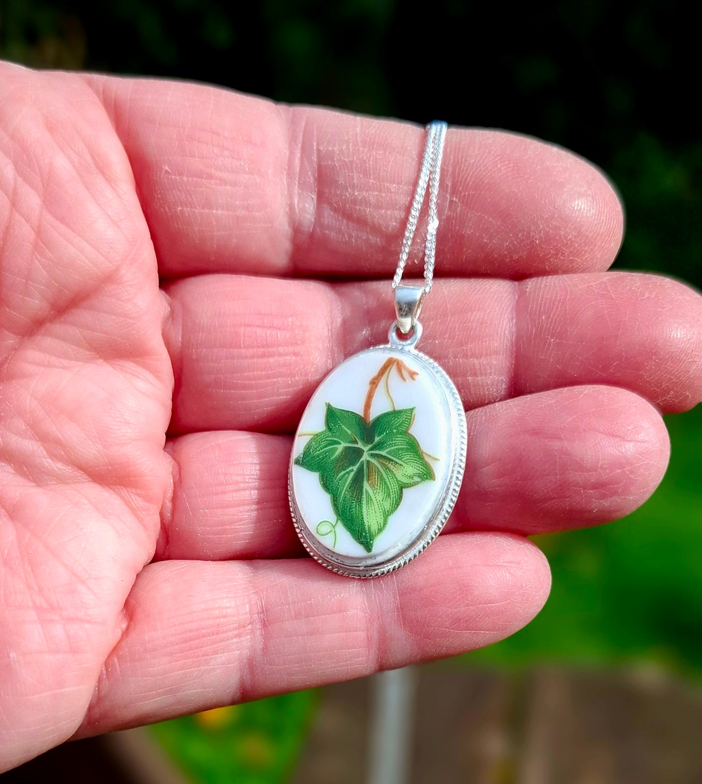 20th Anniversary Gift Broken China Ivy Leaf Oval Pendant
