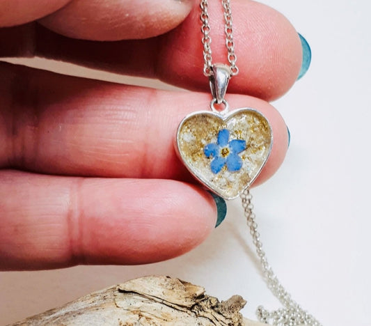Ashes Memorial Silver Heart Pendant with Forget-Me-Not