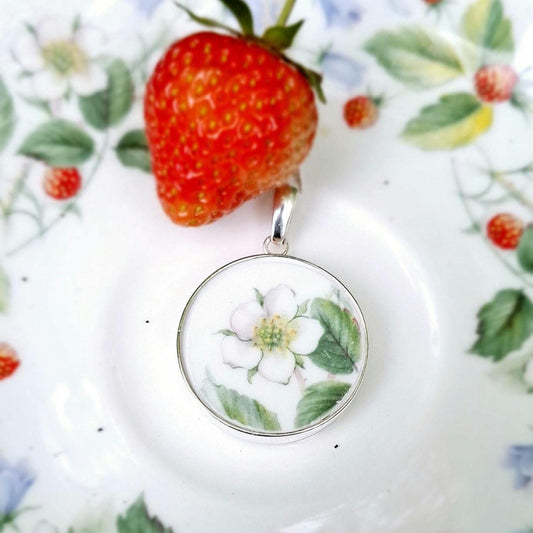 20th Anniversary Broken China Round Silver Strawberry Flower Pendant