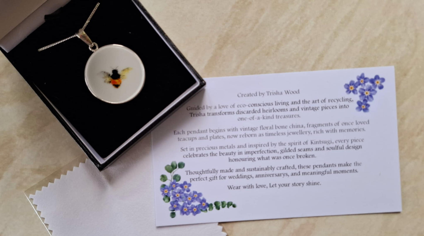 20th Anniversary Gift Broken China Round Silver Bee Pendant