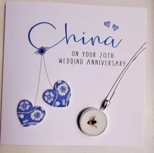 20th Anniversary Gift Broken China Round Silver Bee Pendant