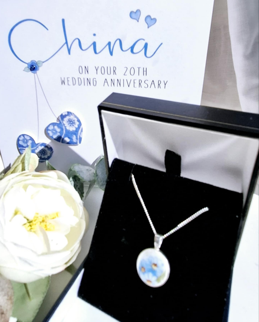 20th Anniversary Gift Broken China Forget-Me-Not Round Pendant