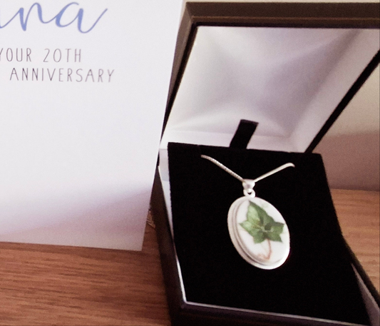 20th Anniversary Gift Broken China Ivy Leaf Oval Pendant
