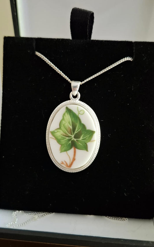Broken China Ivy Leaf Oval Pendant