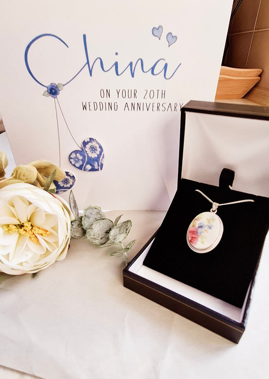 20th Anniversary Gift Broken China Rose & Forget-Me-Not Pendant