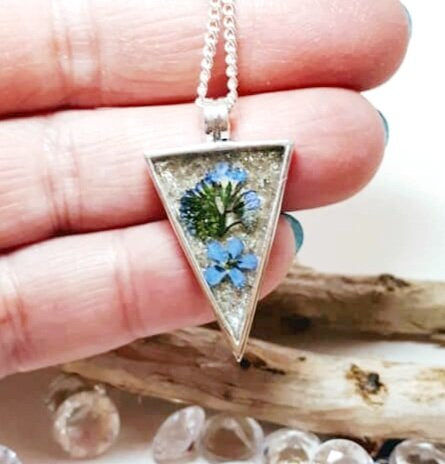 Ashes Memorial Sterling Silver Triangle Pendant with Forget Me Not