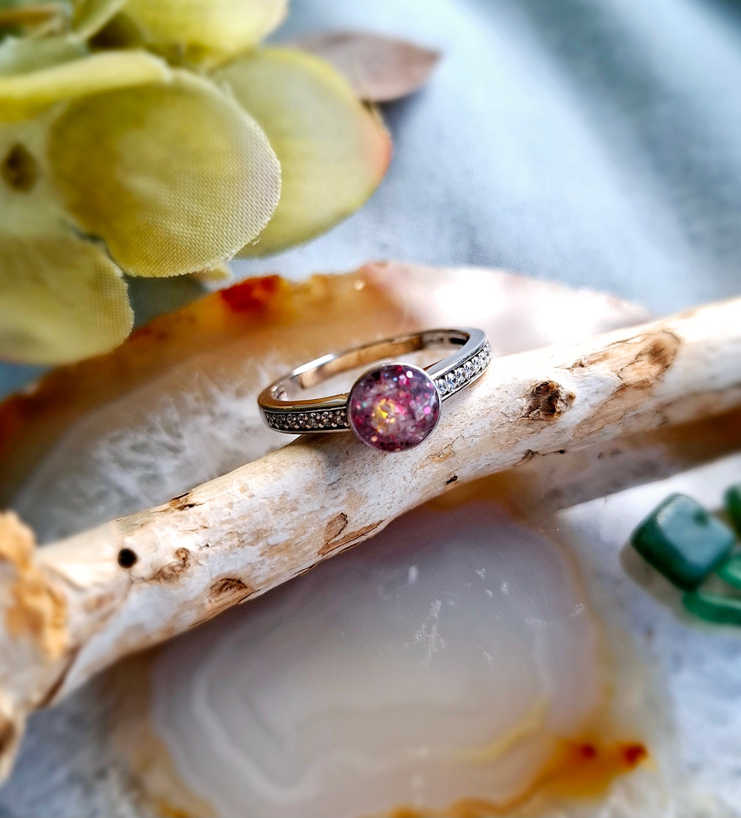 Ashes Memorial Sterling Silver and Diamanté Round Ring