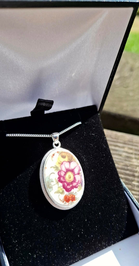 Broken China English Rose Oval Pendant