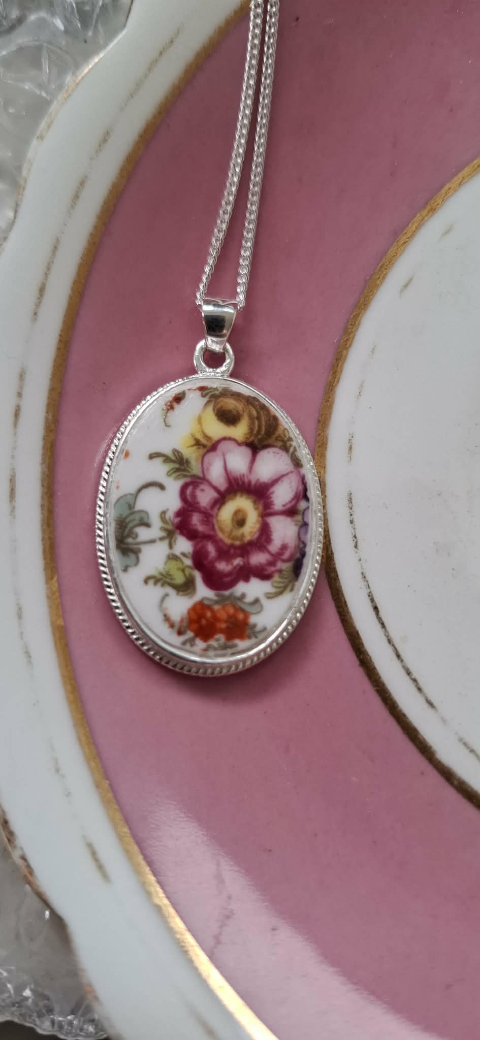 CUSTOM ORDER Oval Broken China English Pendant