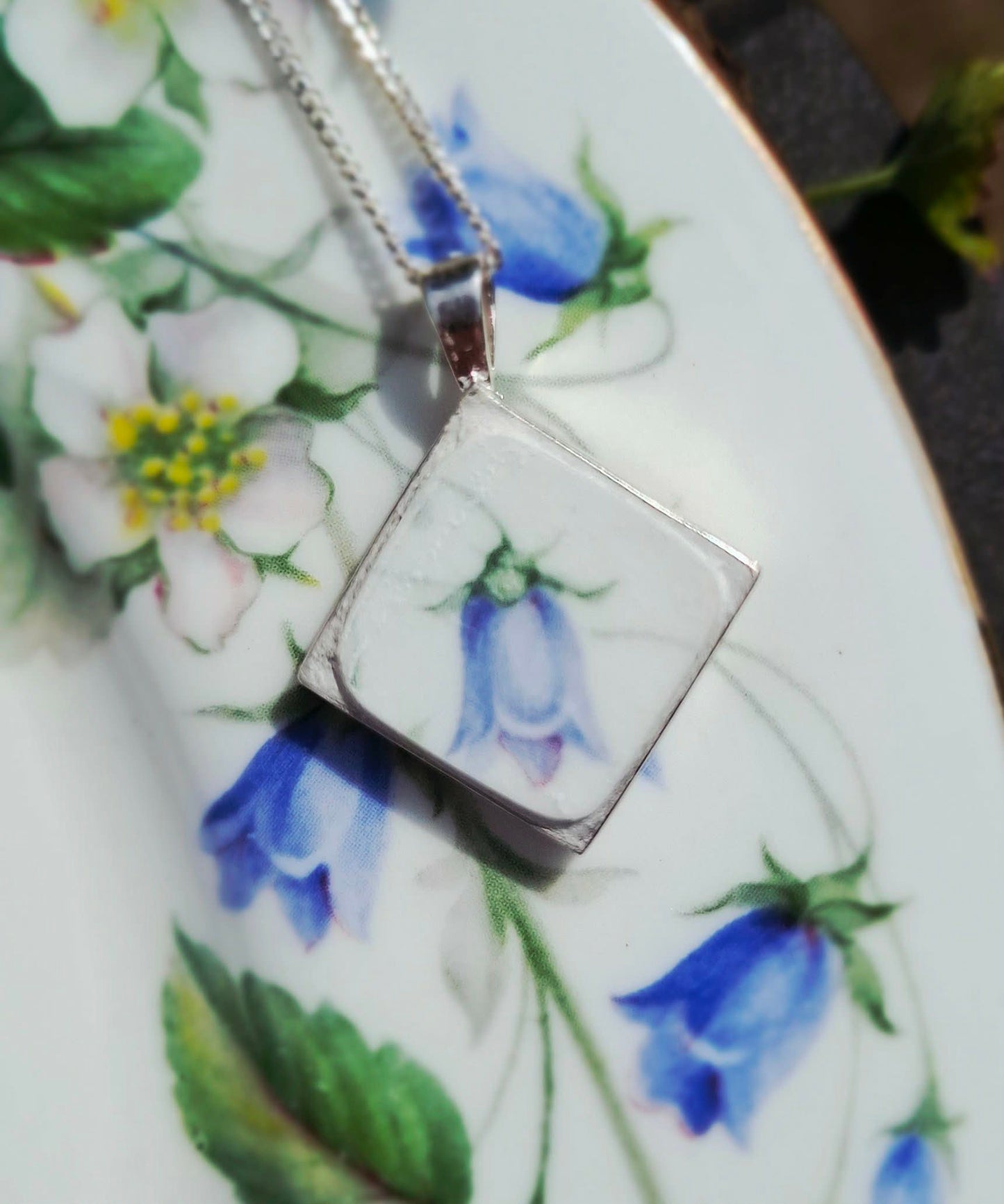 Broken China Bluebell Diamond Shaped Pendant