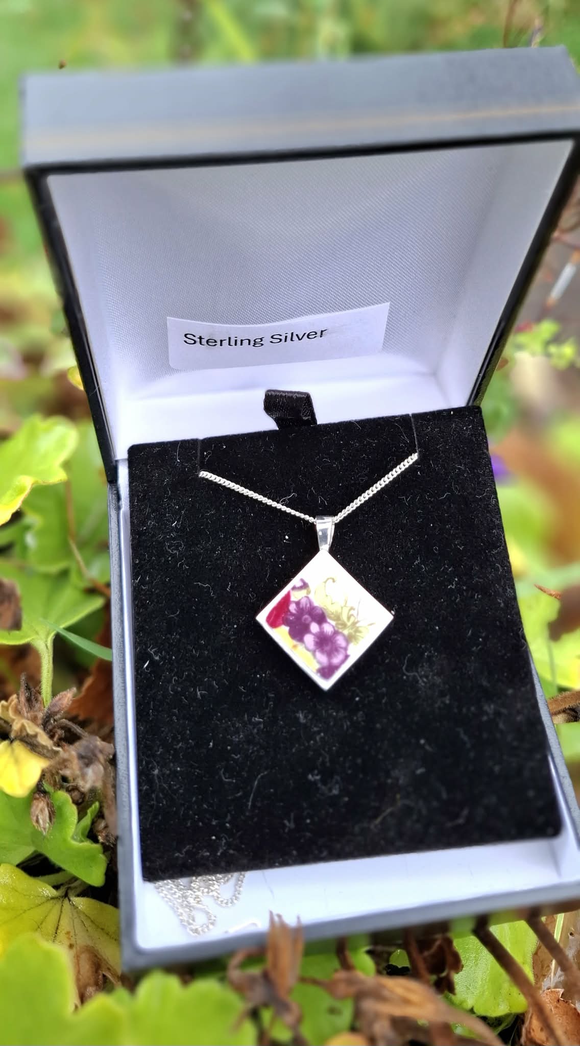 Broken China Pansy Diamond Shaped Pendant
