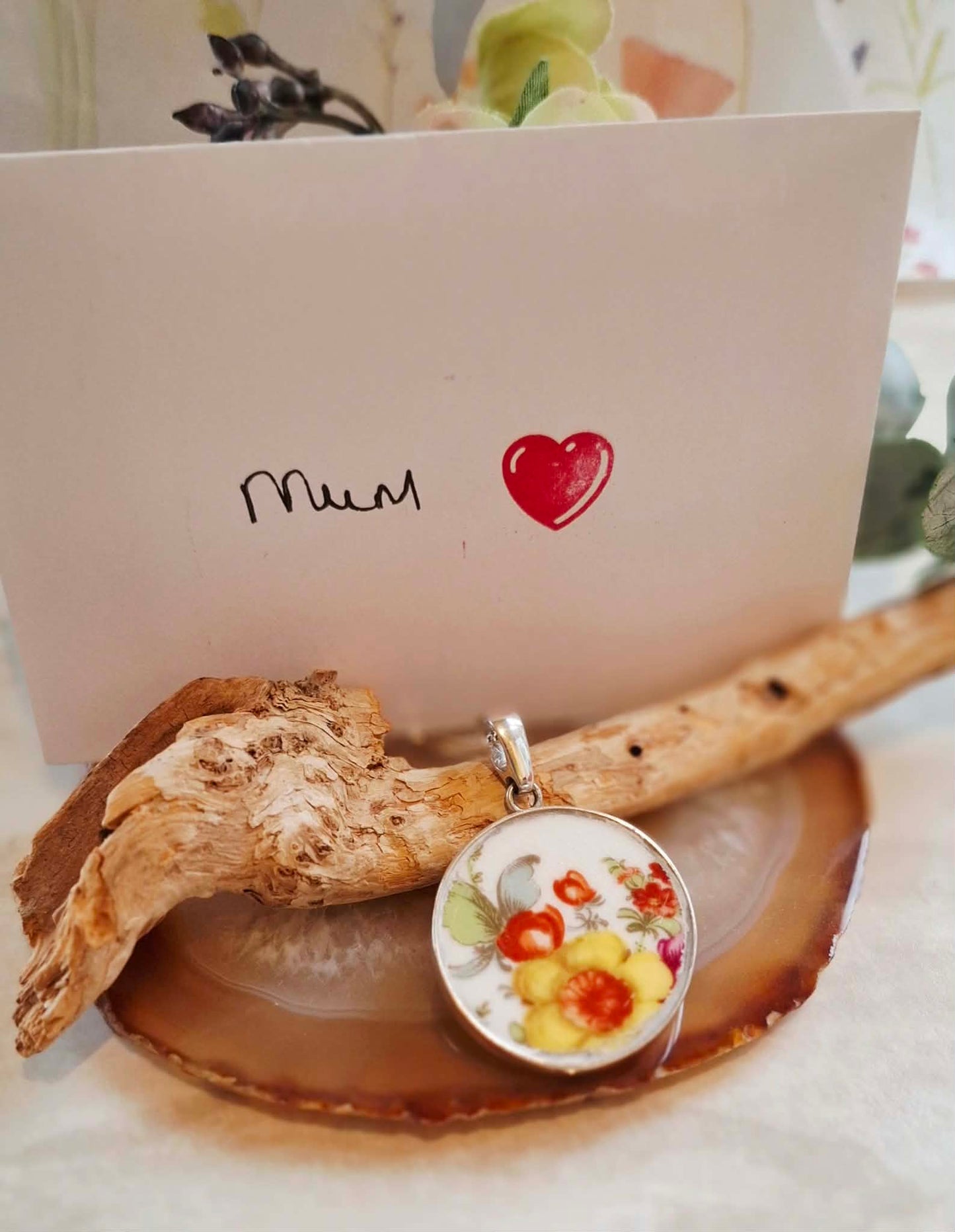 Broken China Daffodil Floral Round Silver Pendant