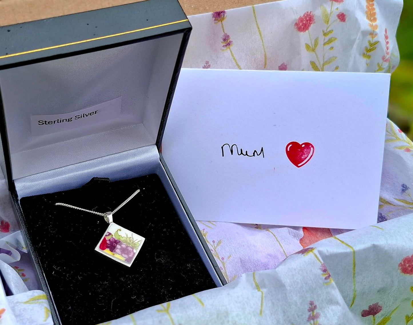 Broken China Pansy Diamond Shaped Pendant