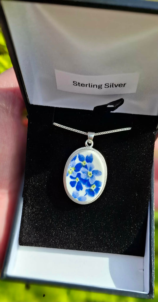 Broken China Forget-Me-Not Oval Pendant