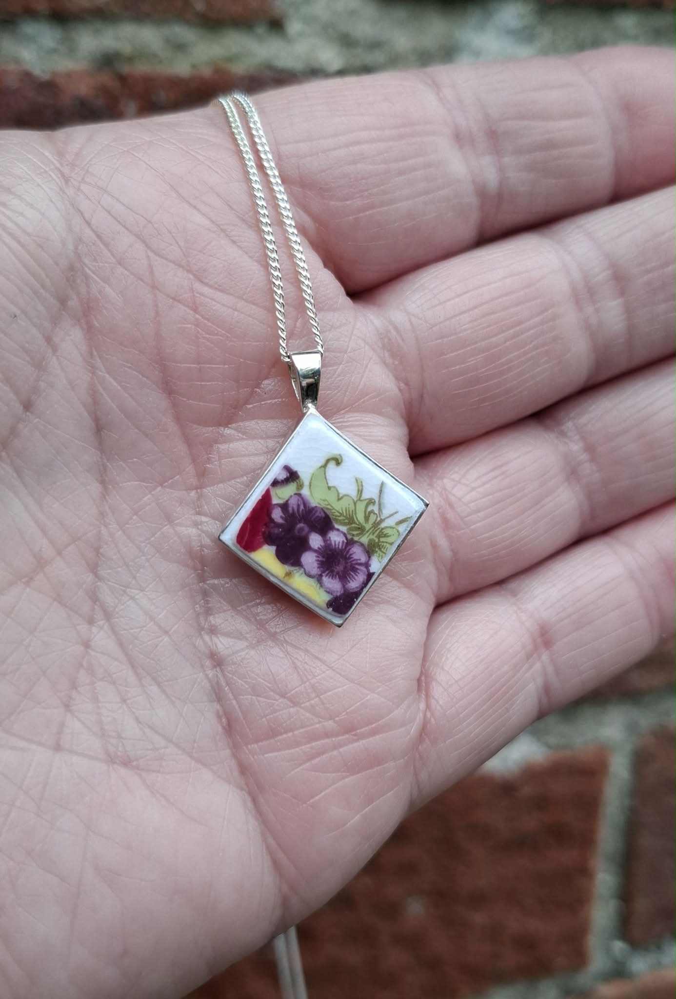 Broken China Pansy Diamond Shaped Pendant