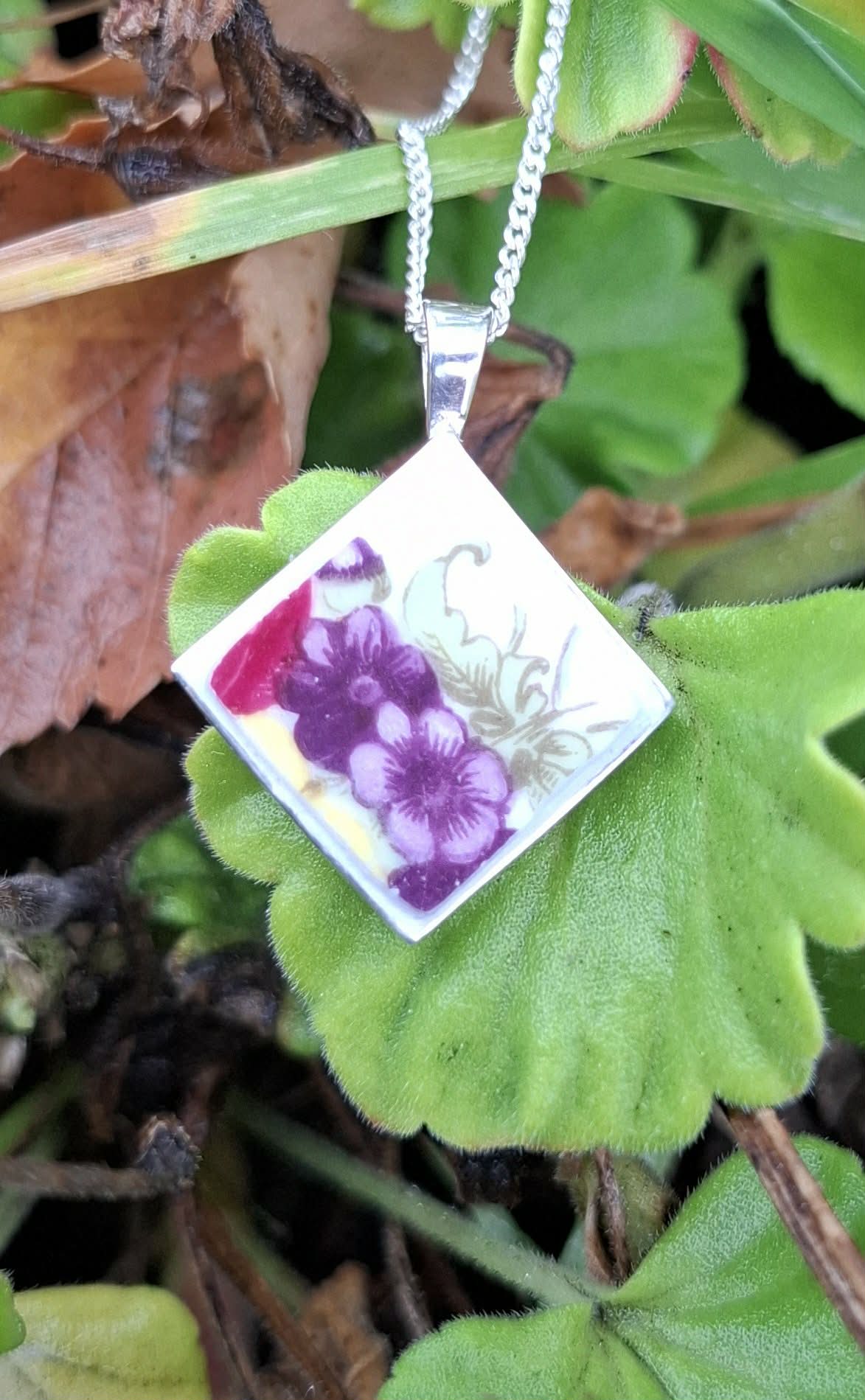 Broken China Pansy Diamond Shaped Pendant