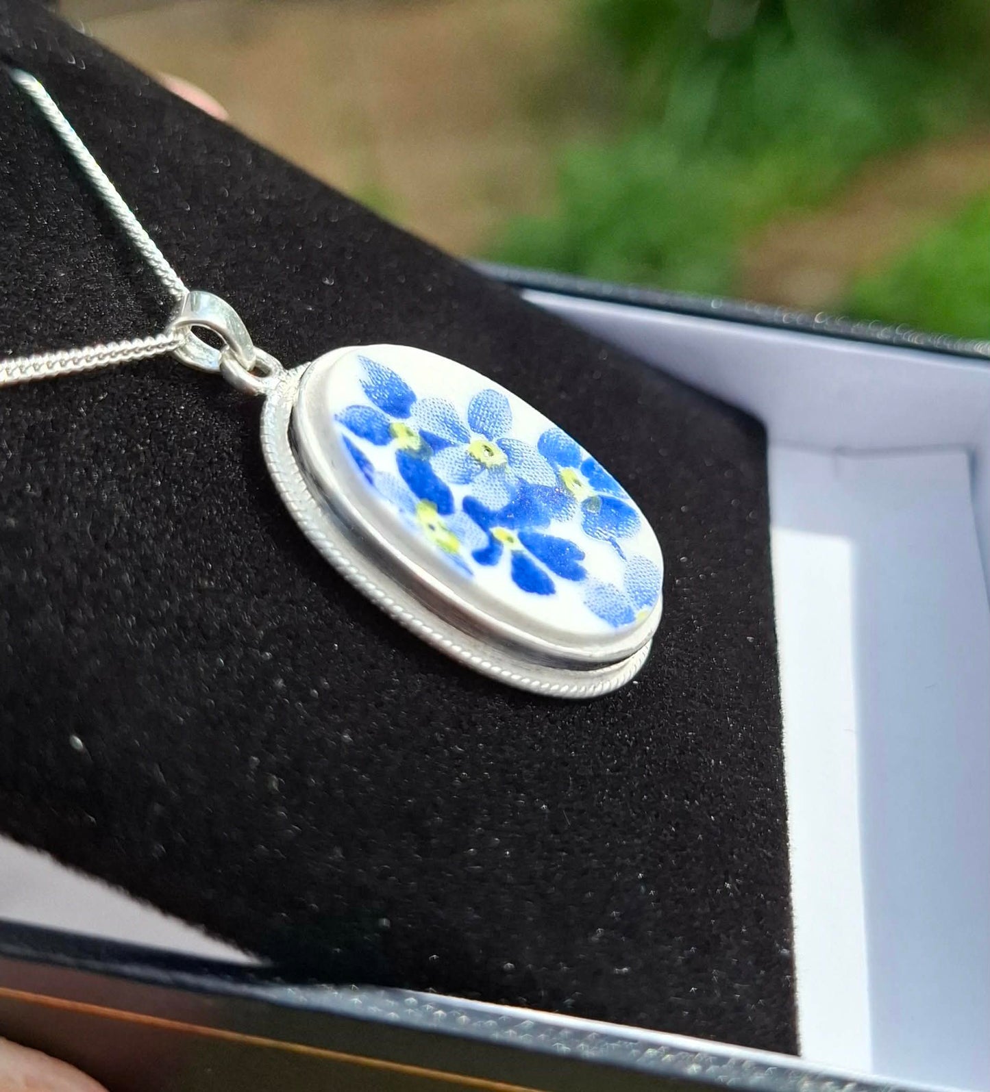 Bridal Jewellery Broken China Forget-Me-Not Oval Pendant