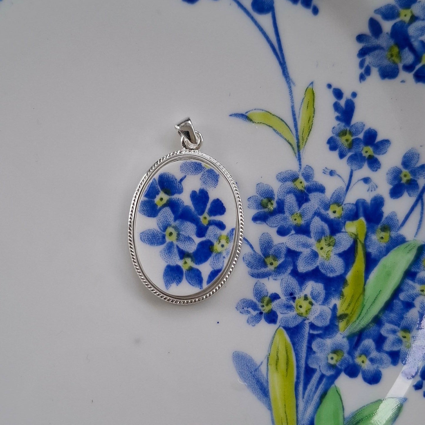 Bridal Jewellery Broken China Forget-Me-Not Oval Pendant