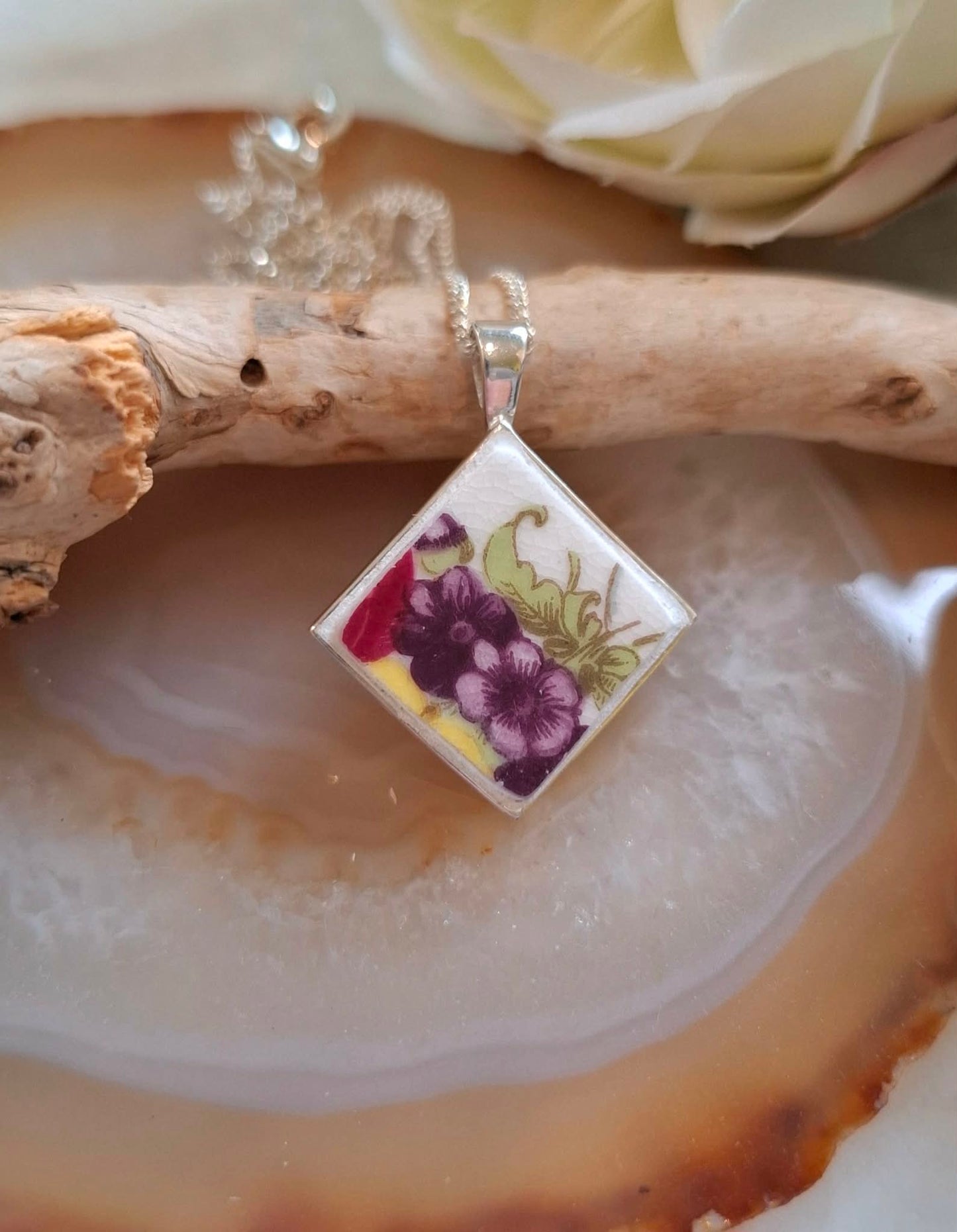 Broken China Pansy Diamond Shaped Pendant