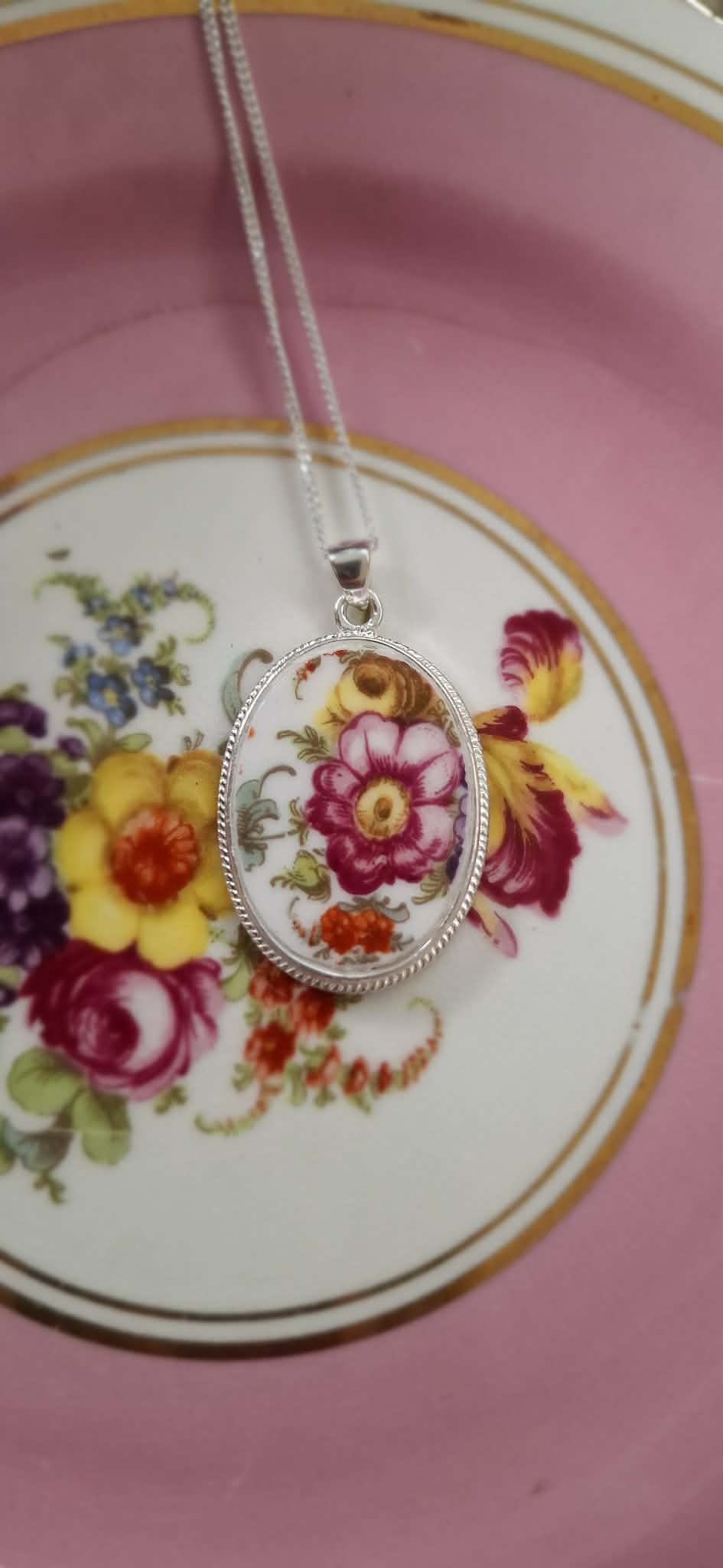 CUSTOM ORDER Oval Broken China English Pendant