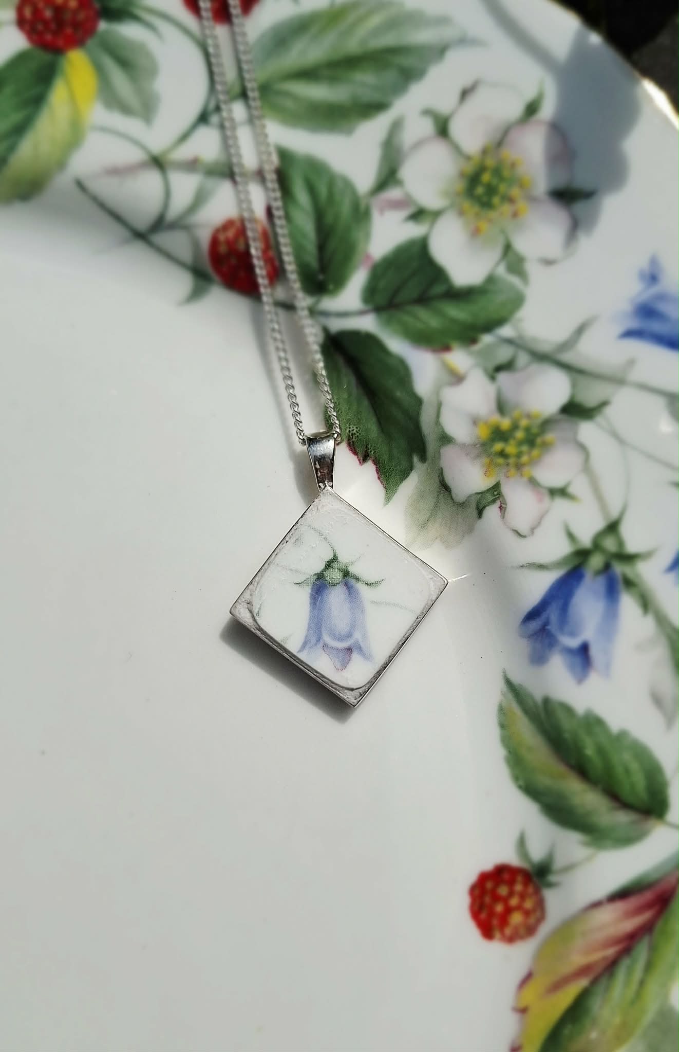 Broken China Bluebell Diamond Shaped Pendant
