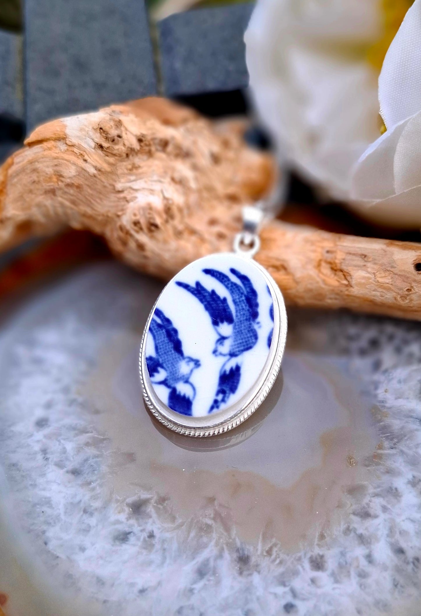 Bridal Jewellery Broken China Willow pattern doves Oval Pendant